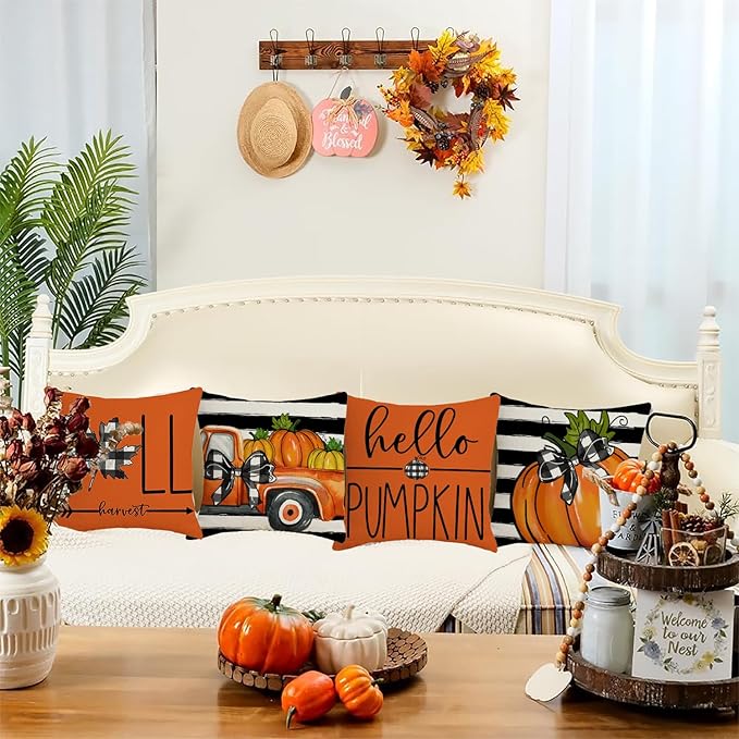 Fall Decorations for Home, Fall Pillow Covers 18x18 Set of 4, Thanksgiving Decorations Autumn Cushion Case for Couch