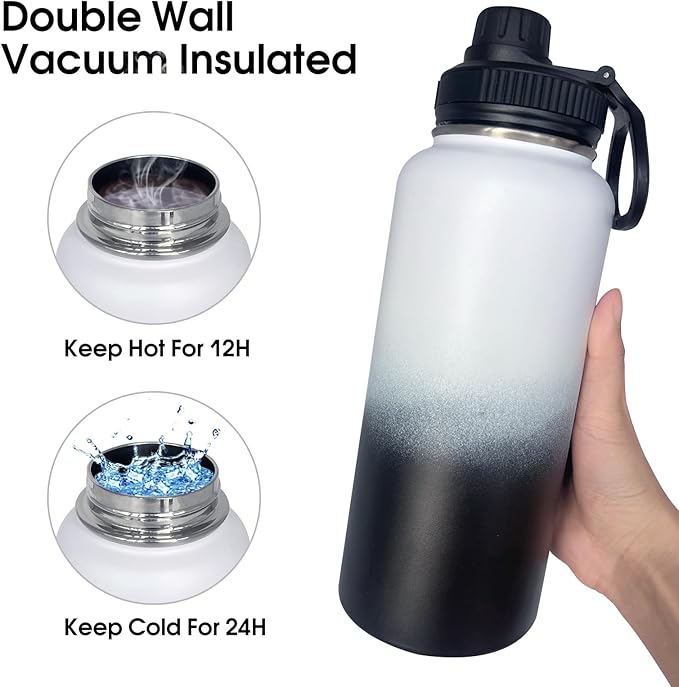 1pack 32 oz Insulated Water Bottle With Straw, Stainless Steel Sports Water Cup Flask with 2 Lids, Wide Mouth Travel Thermal Mug,Black white