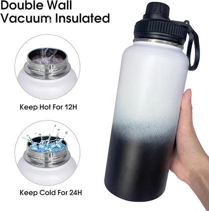 1pack 32 oz Insulated Water Bottle With Straw, Stainless Steel Sports Water Cup Flask with 2 Lids, Wide Mouth Travel Thermal Mug,Black white