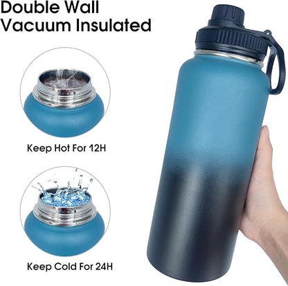 1pack 32 oz Insulated Water Bottle With Straw, Stainless Steel Sports Water Cup Flask with 2 Lids, Wide Mouth Travel Thermal Mug,Navy Black