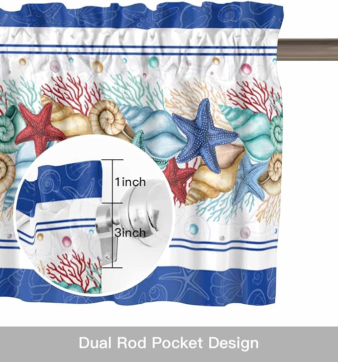 Vandarllin Coastal Beach Kitchen Curtains Valances for Windows Nautical Ocean Seashell Coral Starfish Rod Pocket Window Treatment for Kitchen/Living Room/Bedroom/Bathroom, 60" X 18", Blue Teal Summer