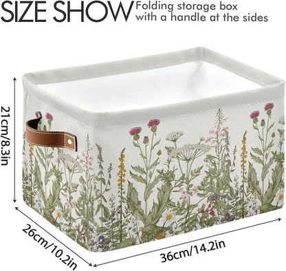 Wildflower Herbs Storage Basket Bin for Shelves Closet Botanical Foldable Fabric Storage Box Cube with Handles Kids Gifts Toys Cloth Shelf Basket Organizer for Bedroom Nursery Home Decorative