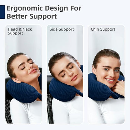 Travel Pillow, Neck Pillow Airplane Memory Foam with Sleep Mask Earplugs, Soft & Support Fleece Airplane Pillow for Travelling Plane Car Train Home Use, Navy