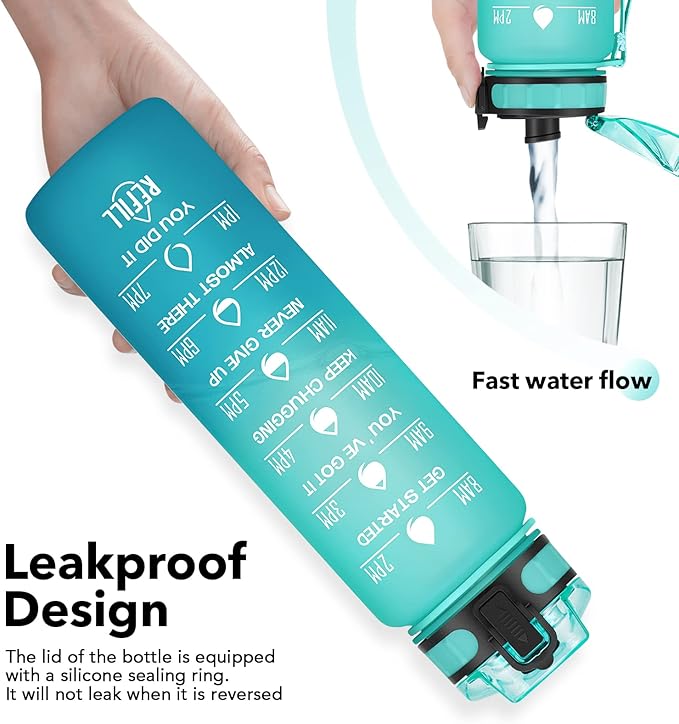 1L/750ml Motivational Water Bottle with Time Marker, Leak-proof BPA Free Drink Bottle with Fruit Strainer or straw, Perfect for Fitness, Gym and Outdoor Sports