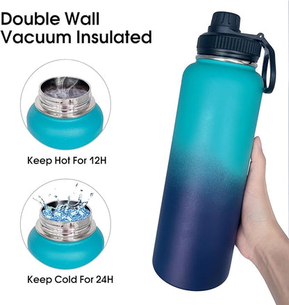 1pack 40 oz Insulated Water Bottle With Straw, Stainless Steel Sports Water Cup Flask with 2 Lids, Wide Mouth Travel Thermal Mug,Blue gradient