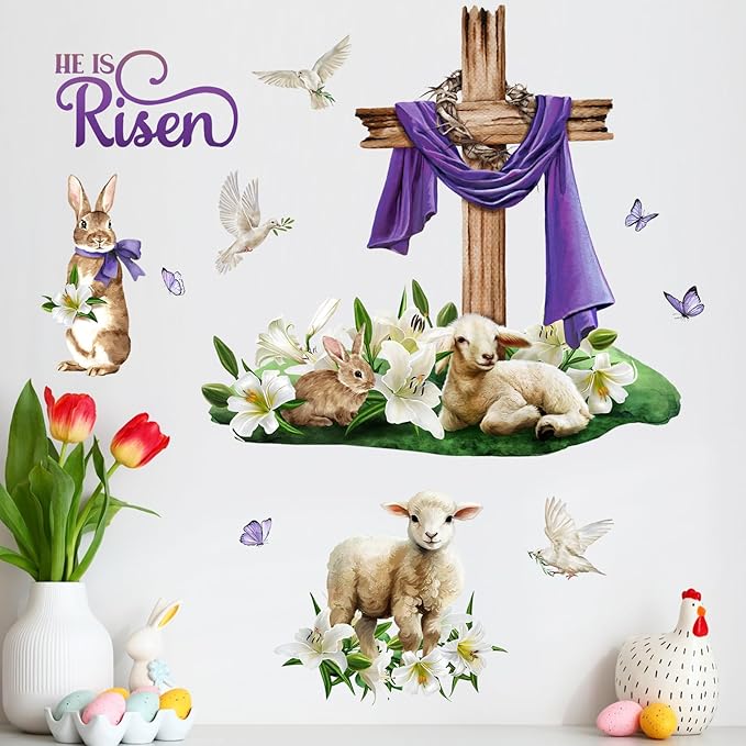 Mfault He is Risen Easter Wall Decals Stickers, Religious Faith Cross Lamb Bunny Lily Flower Christian Decorations Bedroom Art, Rabbit Dove Floral Butterfly Home Kitchen Decor Party Supplies