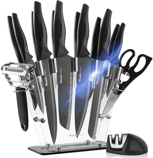 Wanbasion 16pcs Black Kitchen Knife Set with Block, Stainless Steel Knives Set for Kitchen, Professional Chef Knife Sets for Kitchen with Sharpener Acrylic Block