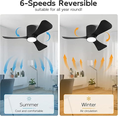 42 Inch Low Profile Ceiling Fan with Lights, Modern Flush Mount Ceiling Fan, 3 ABS Blades, 6-Speed, Reversible DC Motor, Noiseless, for Indoor/Outdoor Kitchen Bedroom, Black