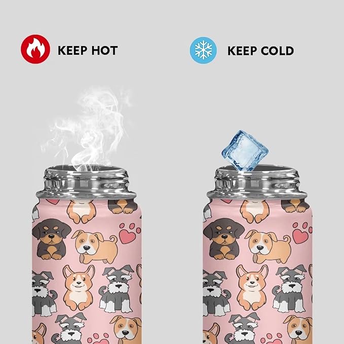 ZOUTAIRONG Cute Dog Insulated Water Bottle with Handle 18 oz Vacuum Water Bottle for Hot & Cold Drinks, Wide Mouth, Great for Travel, Hiking & Camping Cartoon Puppy Dog Family Pink