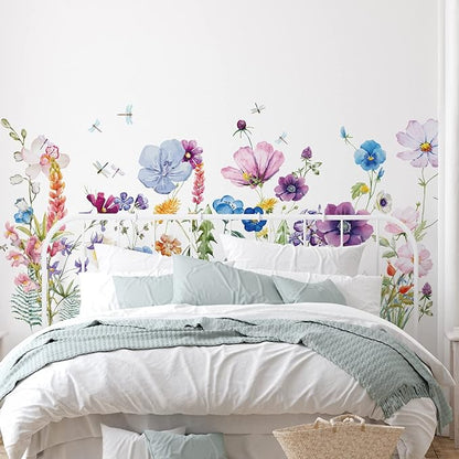 Zonon Flowers Wall Decals Vinyl Dragonflies Flowers Wall Stickers Removable Floral Wall Murals Peel and Stick Colorful Flower Wall Decor for Bedroom Living Room Nursery(Beautiful)