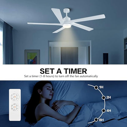 WINGBO 54" DC Ceiling Fan with Lights and Remote Control, 5 Carved Wood Blades, 6-Speed Reversible DC Motor, White Ceiling Fan for Bedroom Living Room Kitchen, ETL Listed