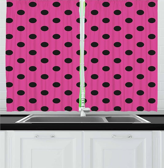 Ambesonne Hot Pink Kitchen Curtains, Pop Art Inspired Design Retro Pattern of Black Polka Dots Classical Spotted, Window Drapes 2 Panel Set for Kitchen Cafe Decor, 55" x 36", Black Pink