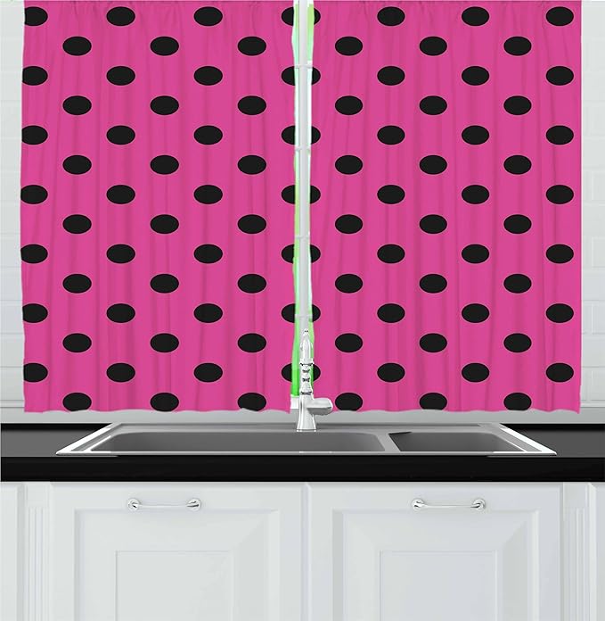 Ambesonne Hot Pink Kitchen Curtains, Pop Art Inspired Design Retro Pattern of Black Polka Dots Classical Spotted, Window Drapes 2 Panel Set for Kitchen Cafe Decor, 55" x 30", Black Pink