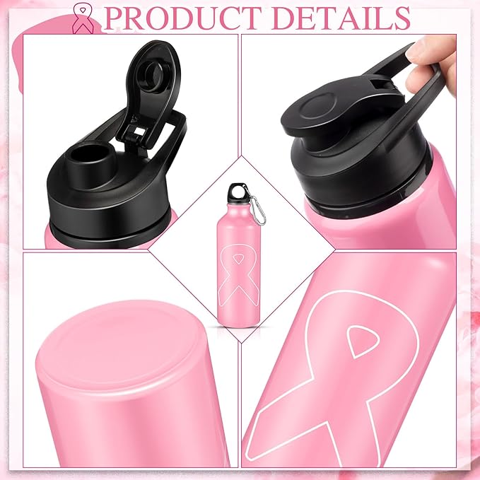 12 Pieces Breast Cancer Awareness Gifts Aluminum Water Bottles Pink Ribbon Breast Cancer Gift for Women Leak Proof Lightweight Portable Bottles for Marathon Running (Classic Style,20 oz)