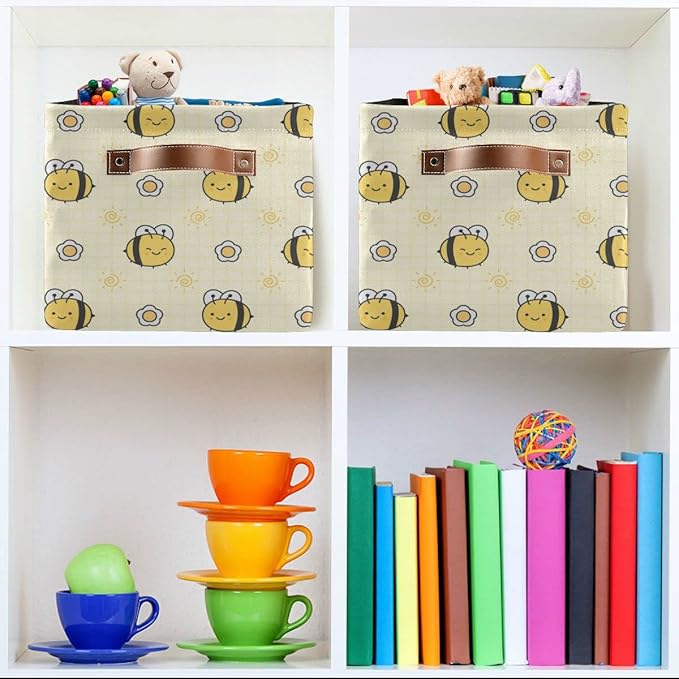 Yellow Bees Honey Storage Basket Fabric Kitchen Baskets Cute Bumblebee Sunny Flowers Open Home Storage Bins Boxes Foldable Organizer Bag for Baby Cloth Pet Toy Book Shelf Closet Baskets 16×12×8 IN