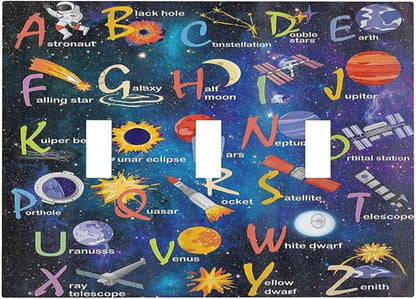 ABC Outer Space 3 Gang Light Switch Plate Decorative Alphabet Galaxy Boys Educational Triple Toggle Wall Plate Cover Electrical Faceplate Switchcover for Kidroom Nursery Home Boyroom Art Panel Decor