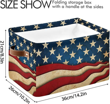 America Usa Flag Storage Basket Large Collapsible Storage Cube Bin Rectangular Laundry Organizer with Leather Handles for Nursery Shelf Bedroom Home, 1Pc