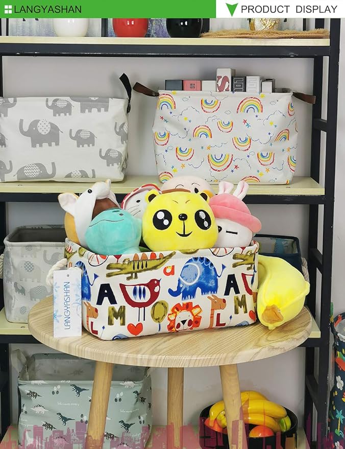 Rectangular Storage Basket Collapse Canvas Fabric Cartoon Storage Cube Bin With Handles for Organizing Home/Kitchen/Kids Toy/Office/ Closet/Shelf Baskets(Zoo)