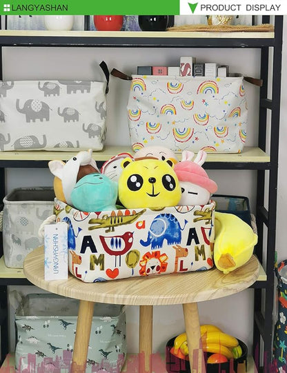 Rectangular Storage Basket Collapse Canvas Fabric Cartoon Storage Cube Bin With Handles for Organizing Home/Kitchen/Kids Toy/Office/ Closet/Shelf Baskets(Zoo)