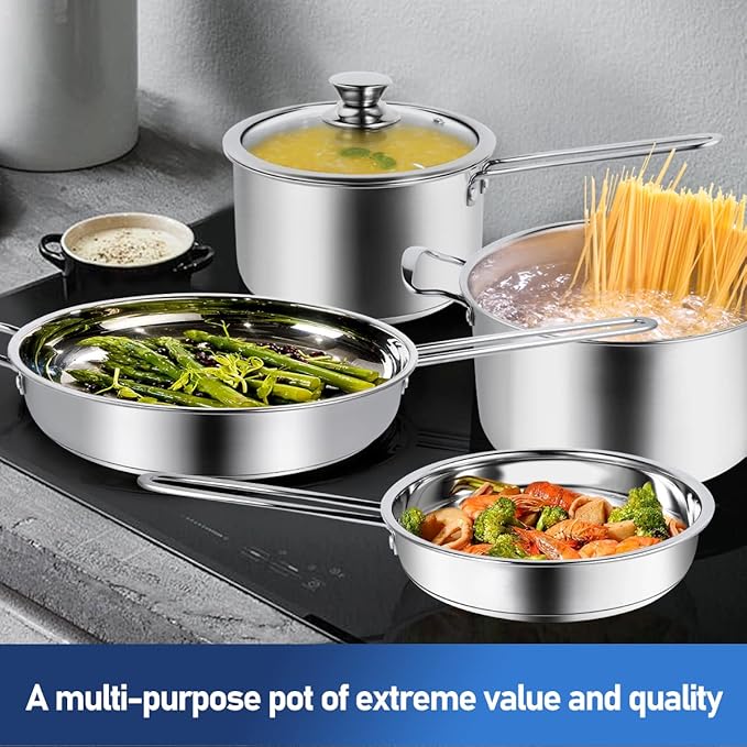 10-Piece Pots and Pans Set, Stainless Steel Cookware Set- Includes Ergonomic Handle Saucepans, Skillets, Dutch Oven, Stockpot, Steamer & More - Premium Pots and Pans for Home Chefs