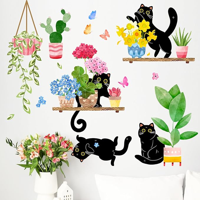 Mfault Spring Summer Potted Plant Black Cat Wall Decals Stickers, Kitty Geranium Flower Cactus Bonsai Vine Decoration Bedroom Art, Floral Succulent Botanical Seasonal Home Kitchen Decor Party Supplies