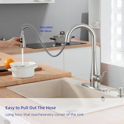 Touchless Kitchen Faucet with Soap Dispenser and Pull Down Sprayer - Single Handle Sensor Kitchen Sink Faucet, 1 or 3 Hole Design for Modern Farmhouse Kitchens, Rv, and Bar Sinks(Brushed Nickel)