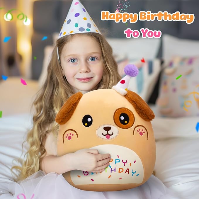 14'' Happy Birthday Puppy Soft Plush Pillow,Cute Birthday Dog Plush,Kawaii Dog Stuffed Animal,Happy Birthday Plush Toy Birthday Party Decoration Birthday Gifts for Kids Boys Girls