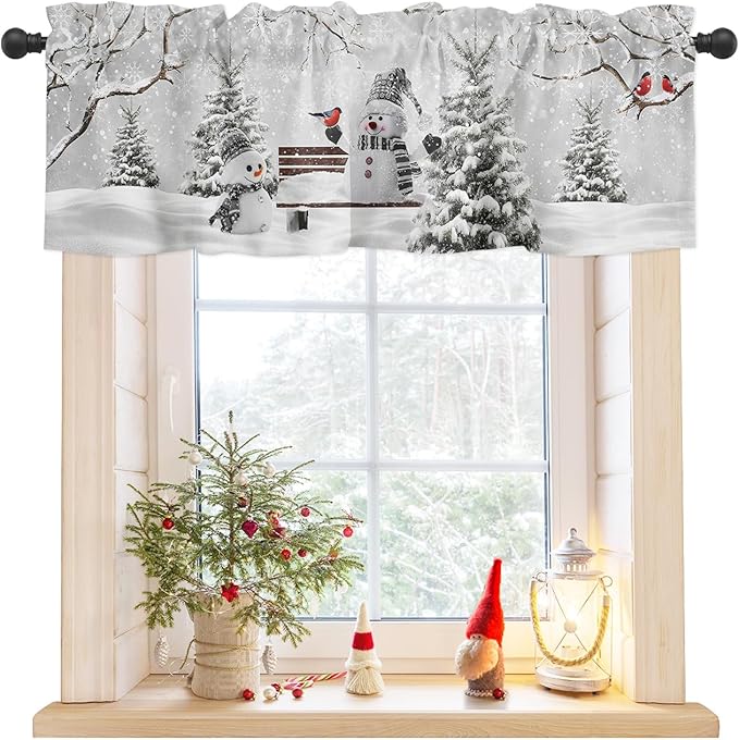 Winter Christmas Valance Curtains for Kitchen Windows Cute Snowman Cardinals Rod Pocket Window Treatment Toppers for Kitchen/Living Room/Bedroom/Bathroom, 60" X 18", GreySnowy Pine Forest