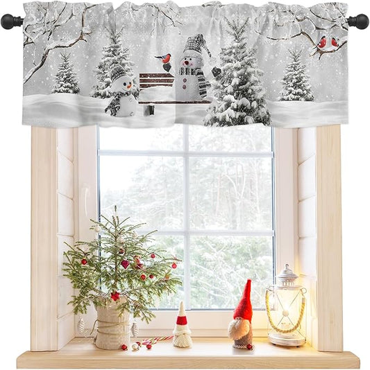 Winter Christmas Valance Curtains for Kitchen Windows Cute Snowman Cardinals Rod Pocket Window Treatment Toppers for Kitchen/Living Room/Bedroom/Bathroom, 54" X 18", GreySnowy Pine Forest