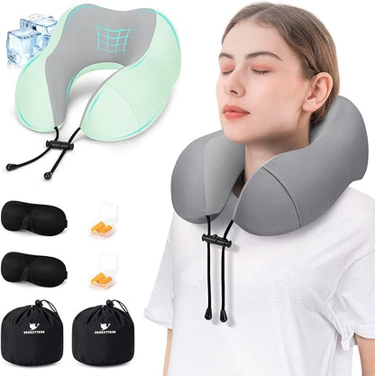 Travel Pillow for Airplane Memory Foam Pillow, 2 Pack Neck Pillow for Travelling with Eye Mask, Earplugs and Storage Bag, Sleeping Rest, Car, Train and Home Use Cooling, Grey&Sage