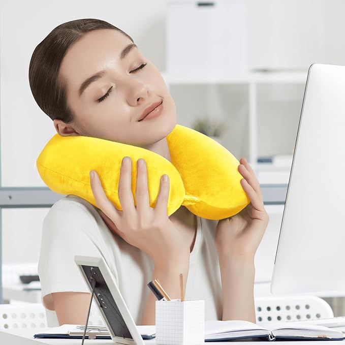 Travel Neck Pillow Airplane, Soft Memory Foam Support Head Neck Chin, with Removale Cover and Adjustable Snap Button, Comfortable Sleeping in Plane Car Train Traveling Office Home, Yellow