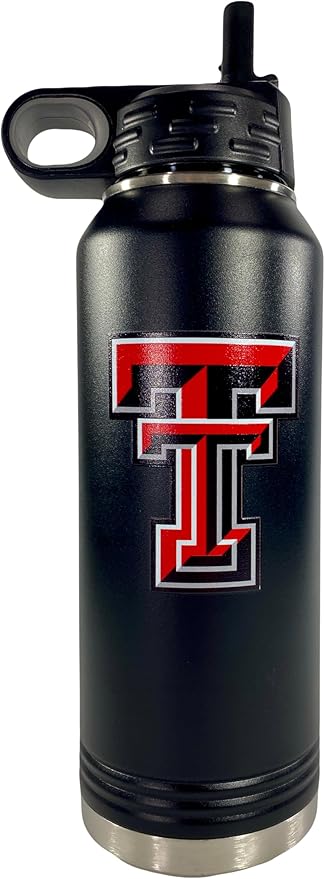 Texas Tech 32oz Stainless Steel Double Walled Black Beverage Bottle with Flip Straw Spout - College Gear for Playoff Season – For Office, Home or Auto – Show your Red Raider Prider