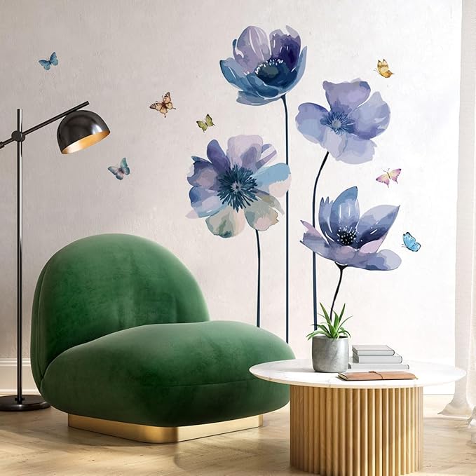 Blue Flower and Butterfly Wall Decal - 88x92cm Decorative Sticker for Home Decor