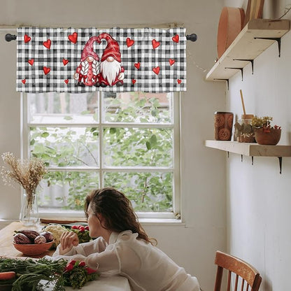 Valentines Day Gnomes Lovers Valances Kitchen Curtains for Windows,Buffalo Plaid Hearts Rod Pocket Valances Wedding Valentines Decoration Short Curtains for Bedroom/Living Room,54" X 18" -1 Panel