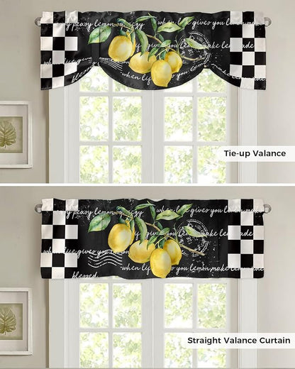 Summer Tropical Lemon Blackout Tie Up Valance Curtains for Kitchen Windows Buffalo Plaid Black White Window Toppers Balloon Shades for Living Room/Bathroom/Bedroom,1 Panel,54" X 18"