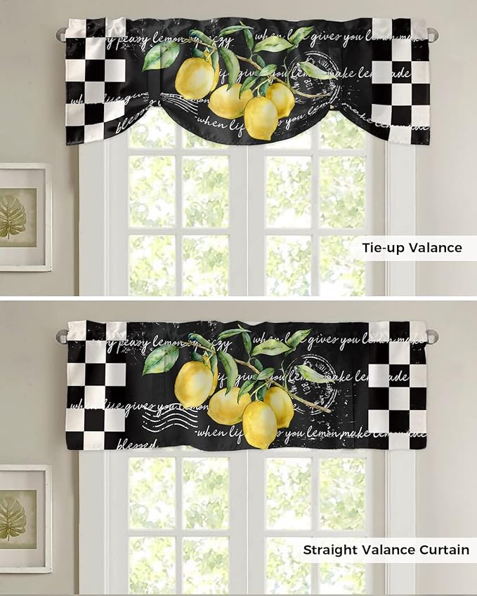 Summer Tropical Lemon Blackout Tie Up Valance Curtains for Kitchen Windows Buffalo Plaid Black White Window Toppers Balloon Shades for Living Room/Bathroom/Bedroom,1 Panel,42" X 12"