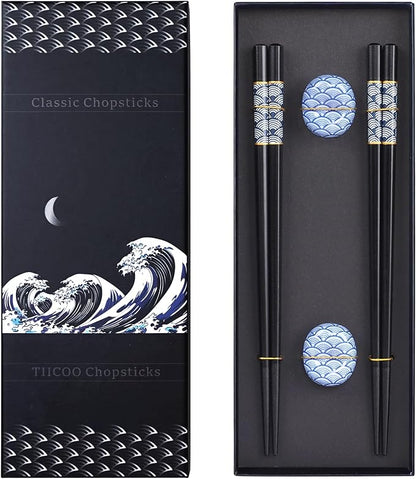 2 Pairs Wood Chopsticks & Holders Gift Set, Natural Wood, Sea Wave Pattern, 8.85 inches, Dishwasher Safe