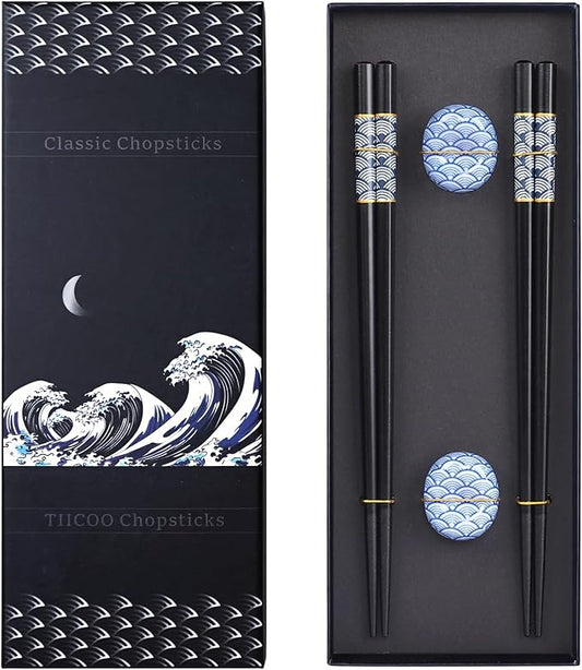 2 Pairs Wood Chopsticks & Holders Gift Set, Natural Wood, Sea Wave Pattern, 8.85 inches, Dishwasher Safe