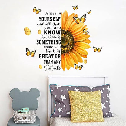 Mfault Spring Summer Sunflower Inspirational Wall Decals Stickers, Fall Flowers Motivational Believe in Yourself Quote Decorations Girls Bedroom Art, Positive Butterfly Home Kitchen Living Room Decor