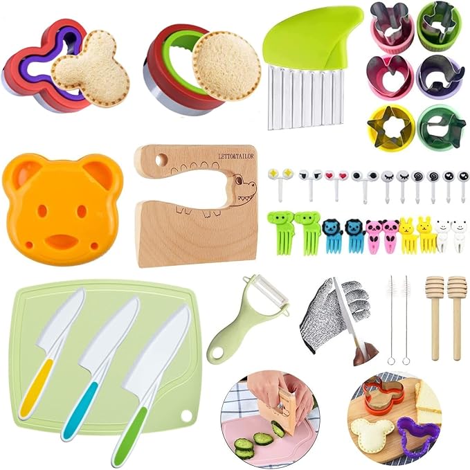 41 Pieces Wooden Kids Kitchen Knife Set and Sandwich Cutter for Kids Gloves Cutting Board Fruit Vegetable Crinkle Cutters Sandwich Cutter, Mickey Shapes Mold