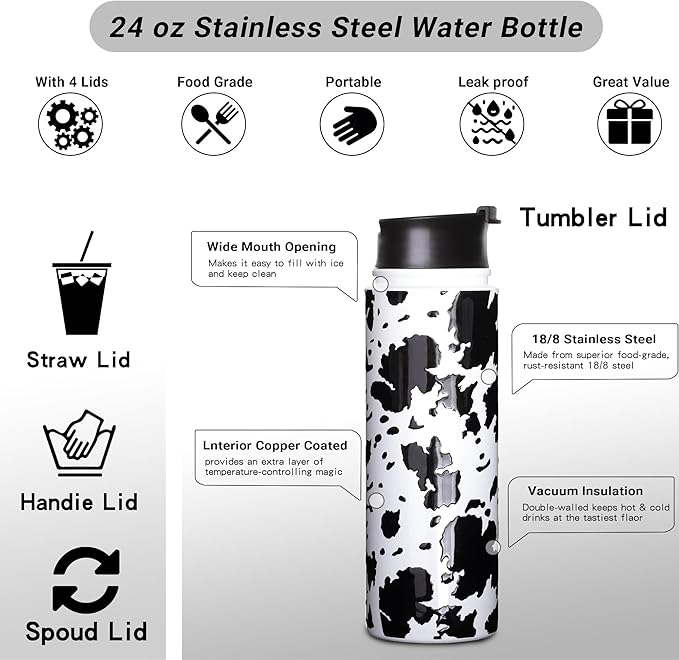 1pc Cow Print Sport Water Bottle with Straw 4 Lids,Birthday Gifts for Women Insulated Cups Funny Gifts for Girlfriend Cow Print Stuff Gifts for Daughter Cow Lovers Black