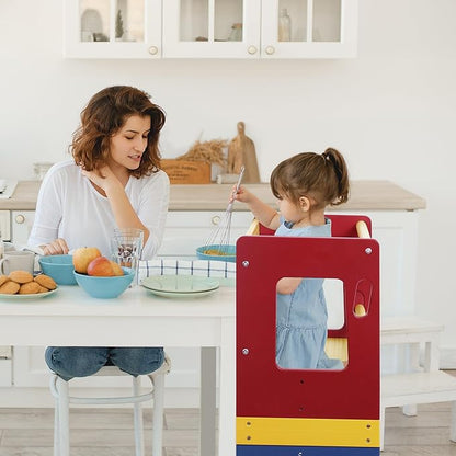 Toddler Kitchen Step Stool Helper, Toddler Standing Tower with Removable Anti-Drop Railing, Adjustable Height, Anti-Slip, Kitchen Step Stool for 18-72 Months, Blue&Red