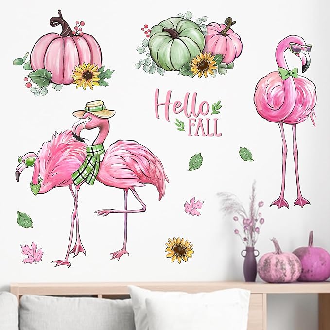 Mfault Hello Fall Flamingo Wall Decals Stickers, Autumn Pink Green Pumpkin Decorations Bedroom Art, Seasonal Sunflower Home Kitchen Living Room Decor