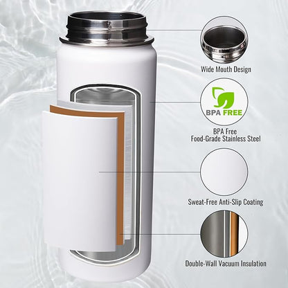 18oz Insulated Water Bottle with Handle, Stainless Steel Water Bottles with Wide Mouth, Double Wall Vacuum Sports Water Bottle, BPA Free, Keep Cold and Hot, White