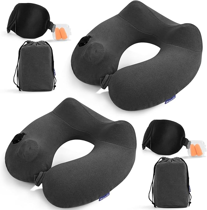 2 Pack Inflatable Travel Neck Pillow for Airplane, 360° Head Support Velvet Adult Neck Pillow for Long Flight, Removable Washable Cover, Kit with Eye Masks, Earplugs & Storage Bag, Grey