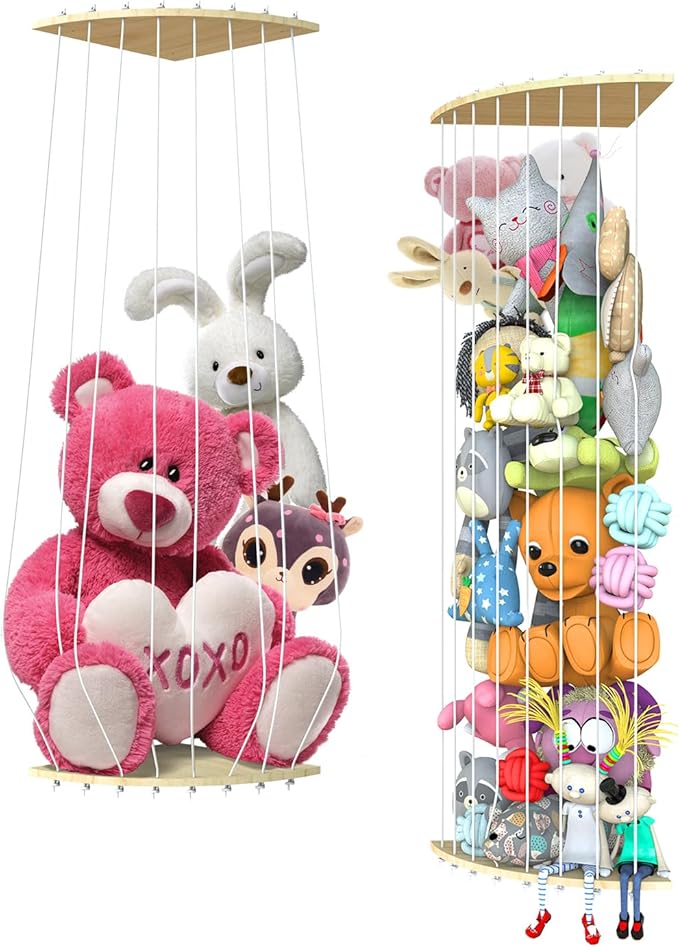 2 Pack Corner Stuffed Animal Storage, 6FT Wood Stuffed Animal Holder for Kids Room, Plushie Toys Shelf Organizer with Adjustable Length, Plush Toys Hanging Storag for Nursery Playroom Bedroom