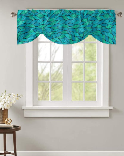 Tie Up Valance for Kitchen Living Room Farmhouse - Abstract Wave Ripple Bule Green Rod Pocket Adjustable Tie-up Shade Valance for Small Window, Window Valance Balloon Drape for Bathroom 42x18 inches