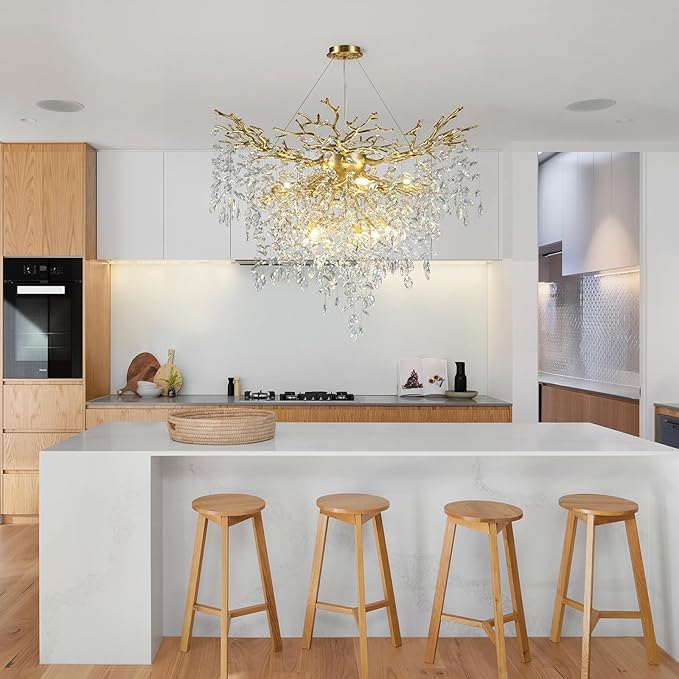 40 inch Crystal Chandelier for Dining Room, Round Gold Tree Branches Chandeliers, Top K9 Crystal Chandelier, Modern Chandeliers for Kitchen,Foyer Entryway,Luxury Adjustable Hanging Chandelier