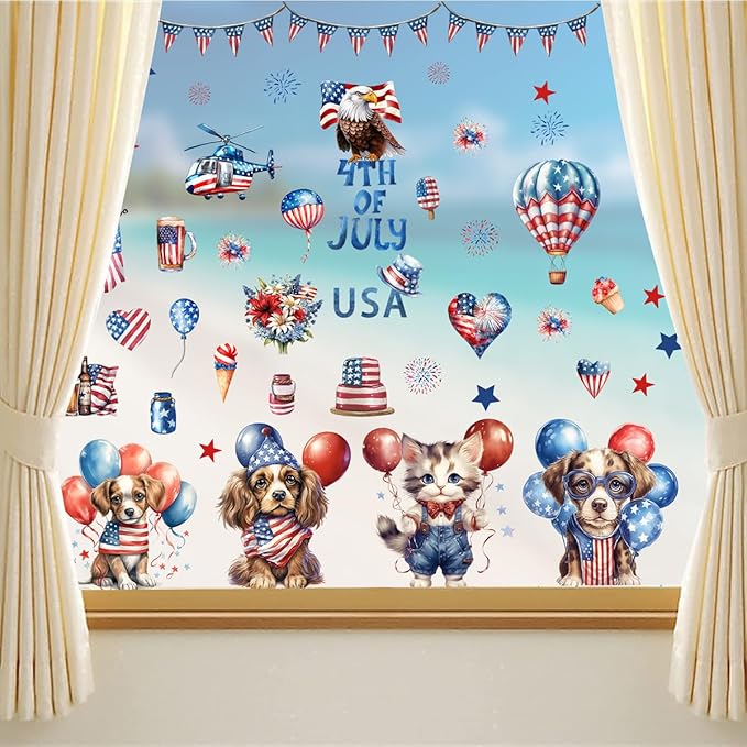 132Pcs Patriotic Window Clings Independence Day Window Stickers 9 Sheets Double-Sided USA Flag Stickers Fireworks Star Cat Dog 4th of July Window Decals Memorial Day Decor for Home School Decorations