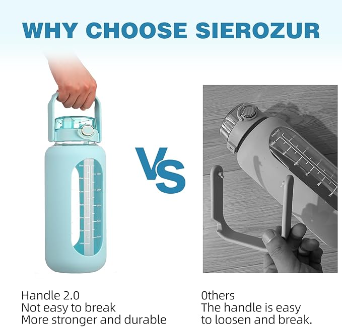 SIEROZUR 64oz Glass Water Bottle with Straw and Handle Lid Half Gallon Motivational Glass Bottle with Silicone Sleeve and Time Marker Large Reusable Sports Water Jug for Gym Home Workout